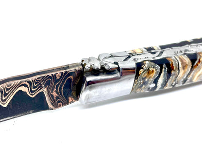 Couteau pliant damas artisanal - Laguiole Molaire de Mammouth stabilisée lame de Damas pliable 12 cm Lame Baker Forge - CopperMai Nishim - Ripple