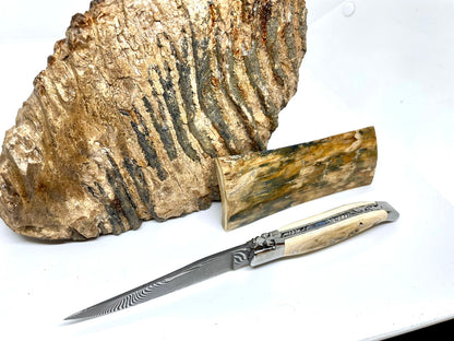 Couteau pliant damas artisanal modèle Laguiole en défense de mammouth