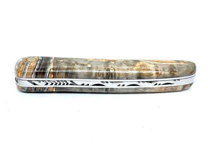 Coutellerie Passarelli - Couteau Alsacien lame pliable 10 cm mitre en molaire de mammouth, Bouleau madré teinté (gris) et stabilisé