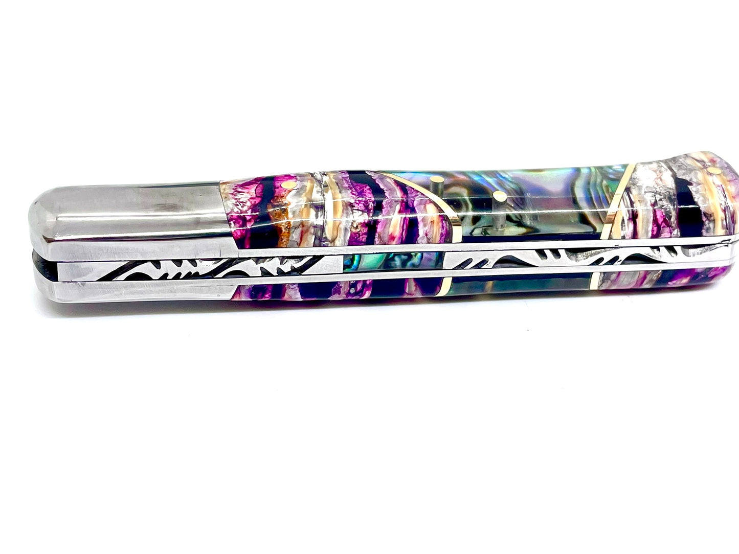 Coutellerie Passarelli - Couteau Yssingeaux lame de Damas 10,5 cm molaire de mammouth stabilisée et teintée et abalone