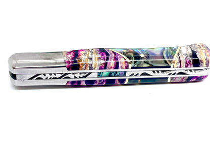 Coutellerie Passarelli - Couteau Yssingeaux lame de Damas 10,5 cm molaire de mammouth stabilisée et teintée et abalone