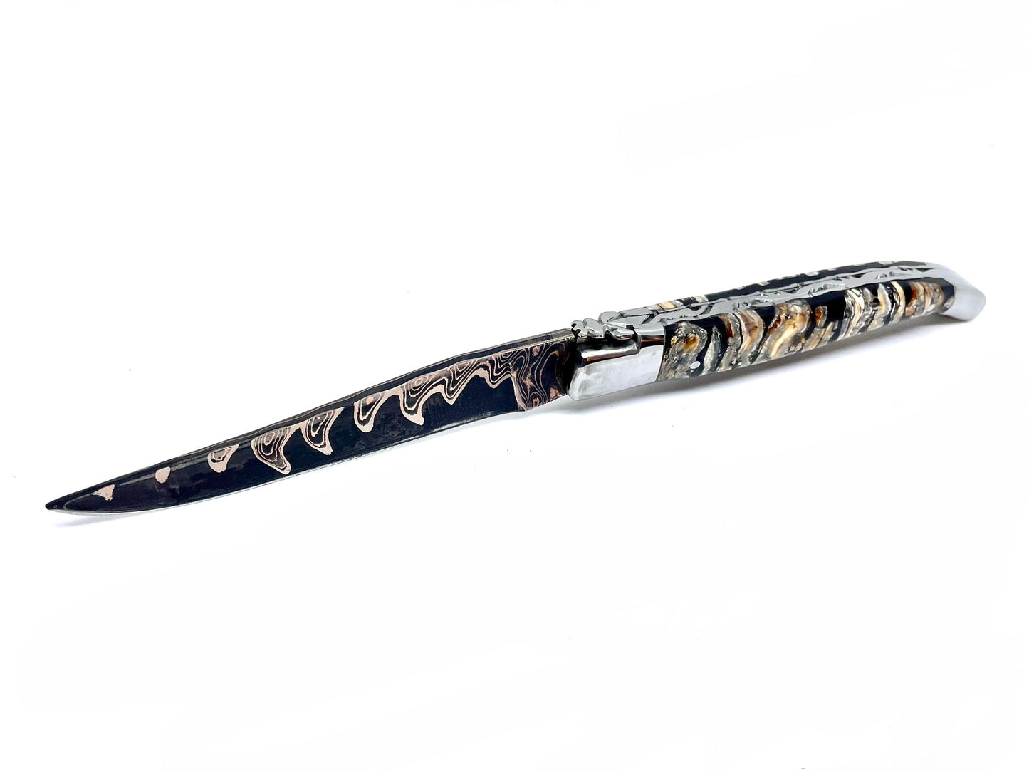 Couteau pliant damas artisanal - Laguiole Molaire de Mammouth stabilisée lame de Damas pliable 12 cm Lame Baker Forge - CopperMai Nishim - Ripple