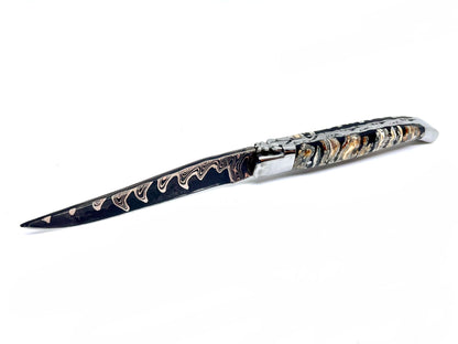 Couteau pliant damas artisanal - Laguiole Molaire de Mammouth stabilisée lame de Damas pliable 12 cm Lame Baker Forge - CopperMai Nishim - Ripple