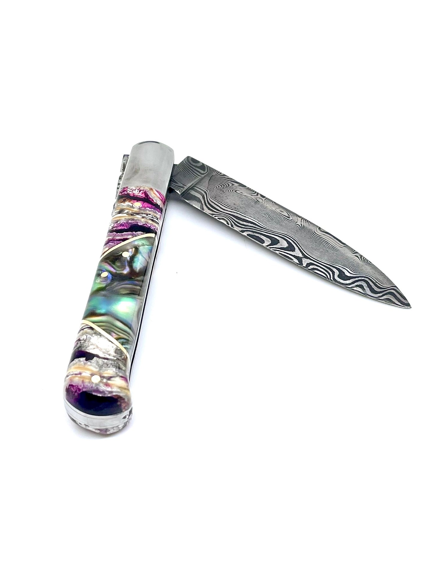 Coutellerie Passarelli - Couteau Yssingeaux lame de Damas 10,5 cm molaire de mammouth stabilisée et teintée et abalone