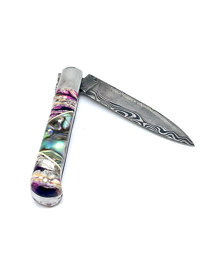 Coutellerie Passarelli - Couteau Yssingeaux lame de Damas 10,5 cm molaire de mammouth stabilisée et teintée et abalone
