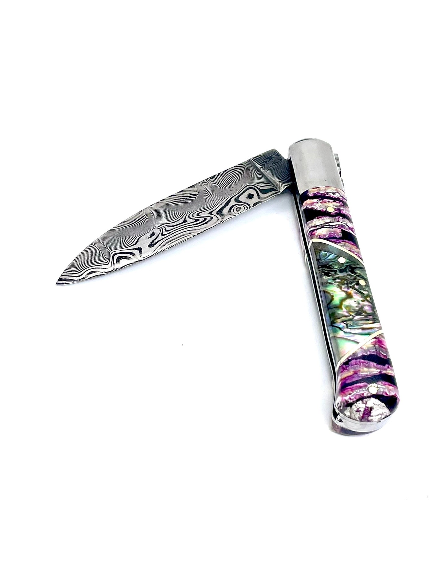 Coutellerie Passarelli - Couteau Yssingeaux lame de Damas 10,5 cm molaire de mammouth stabilisée et teintée et abalone