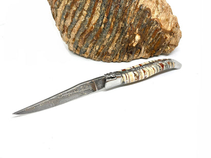 Couteau pliant damas artisanal - Laguiole Molaire de Mammouth stabilisée lame de Damas pliable 12 cm Lame Baker Forge - CopperMai Nishim - Ripple