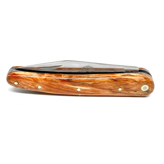 Coutellerie Passarelli - Couteau Alsacien lame pliable 10 cm Bouleau madré teinté et stabilisé orange