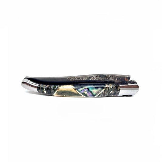 Couteau pliant damas artisanal - Laguiole Molaire de Mammouth teintée et stabilisée, défense bleue de mammouth et abalone, lame de Damas pliable 12 cm TigerMai-Raindrop