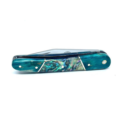 Coutellerie Passarelli - Couteau Alsacien lame pliable 10, Bouleau madré teinté (turquoise) et stabilisé, Abalone