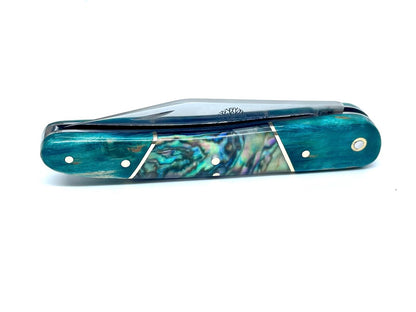 Coutellerie Passarelli - Couteau Alsacien lame pliable 10, Bouleau madré teinté (turquoise) et stabilisé, Abalone