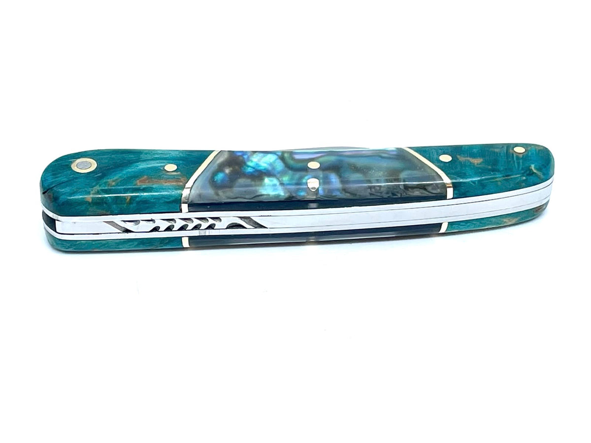 Coutellerie Passarelli - Couteau Alsacien lame pliable 10, Bouleau madré teinté (turquoise) et stabilisé, Abalone